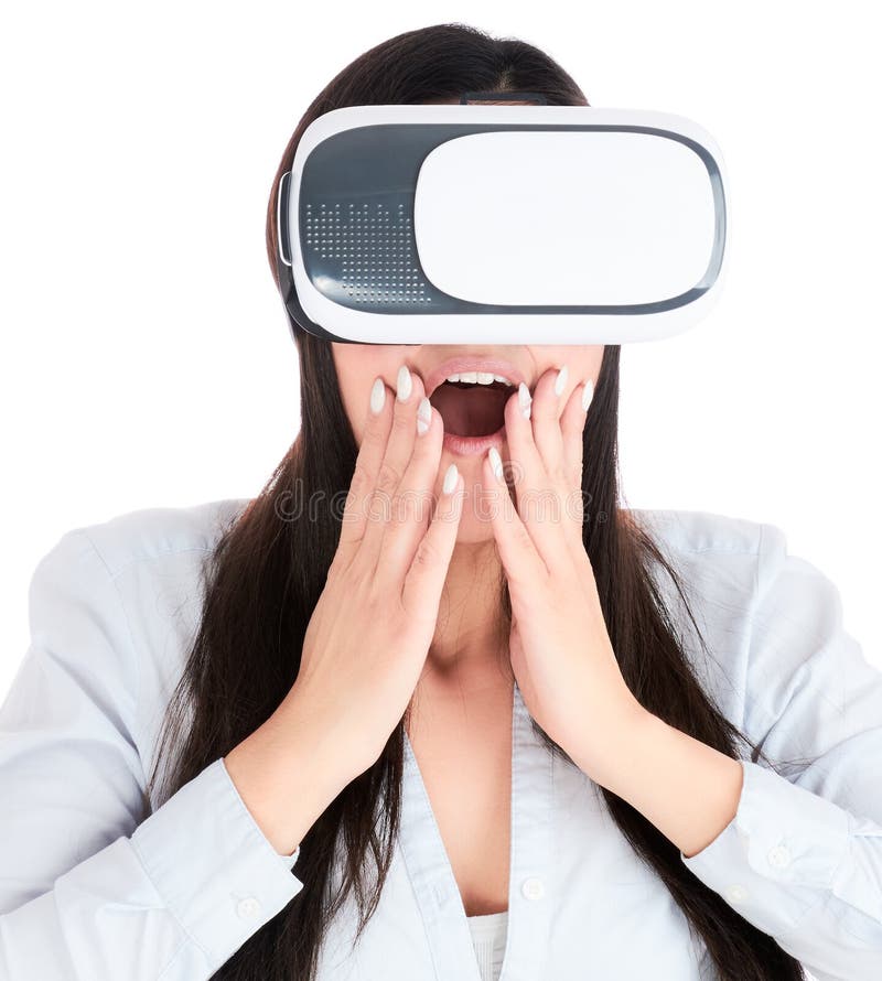 少妇使用在白色背景的VR耳机 图库摄影