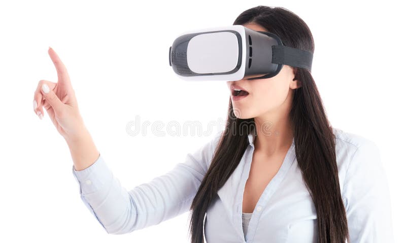 少妇使用在白色背景的VR耳机 免版税库存图片