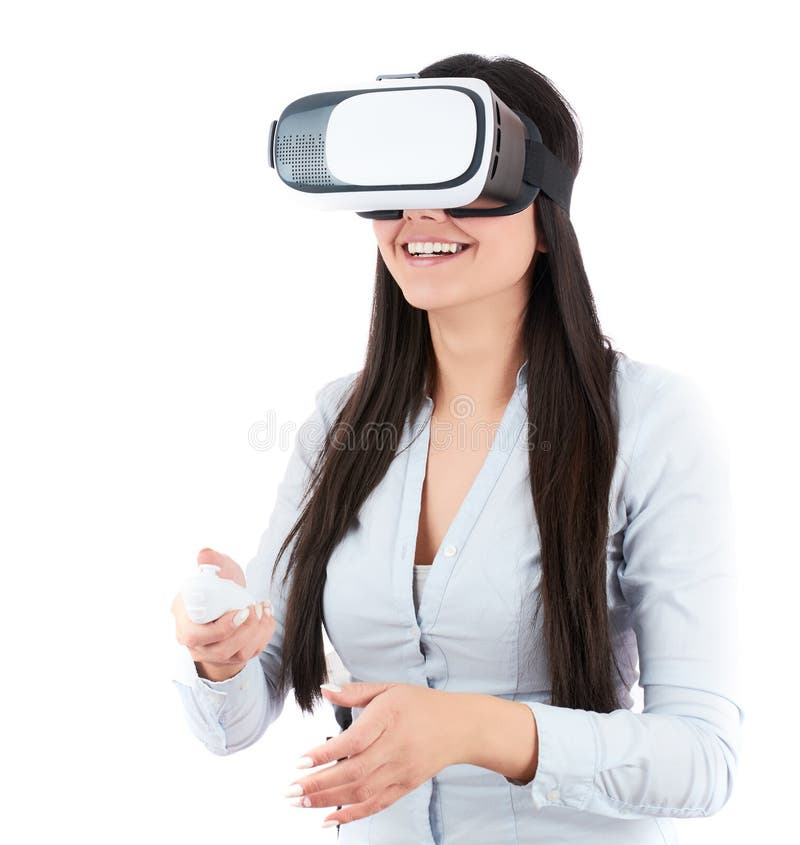 少妇使用在白色背景的VR耳机 免版税库存图片