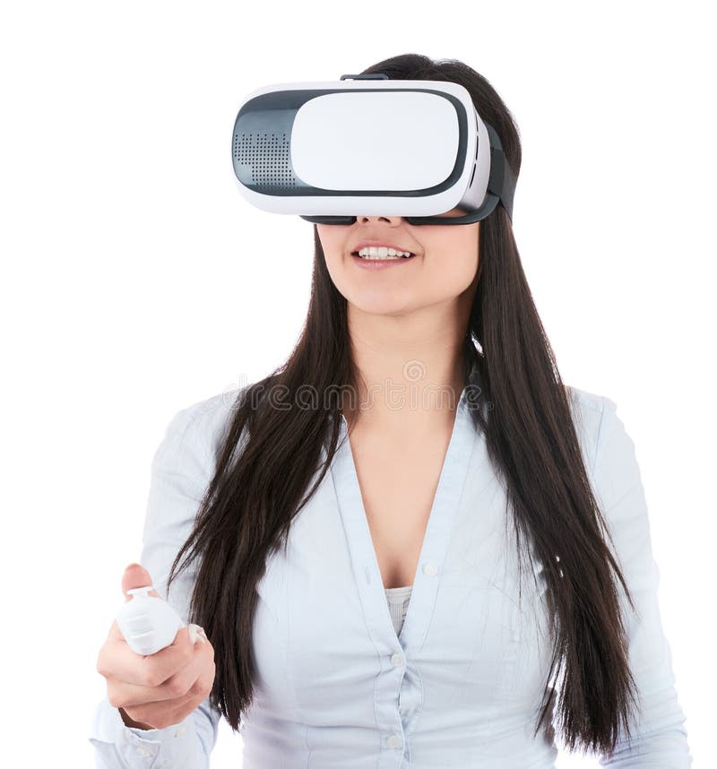 少妇使用在白色背景的VR耳机 免版税图库摄影