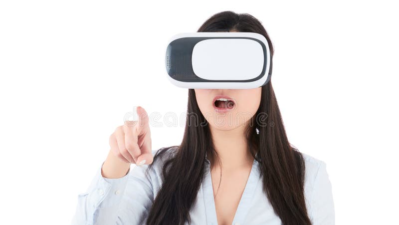 少妇使用在白色背景的VR耳机 图库摄影