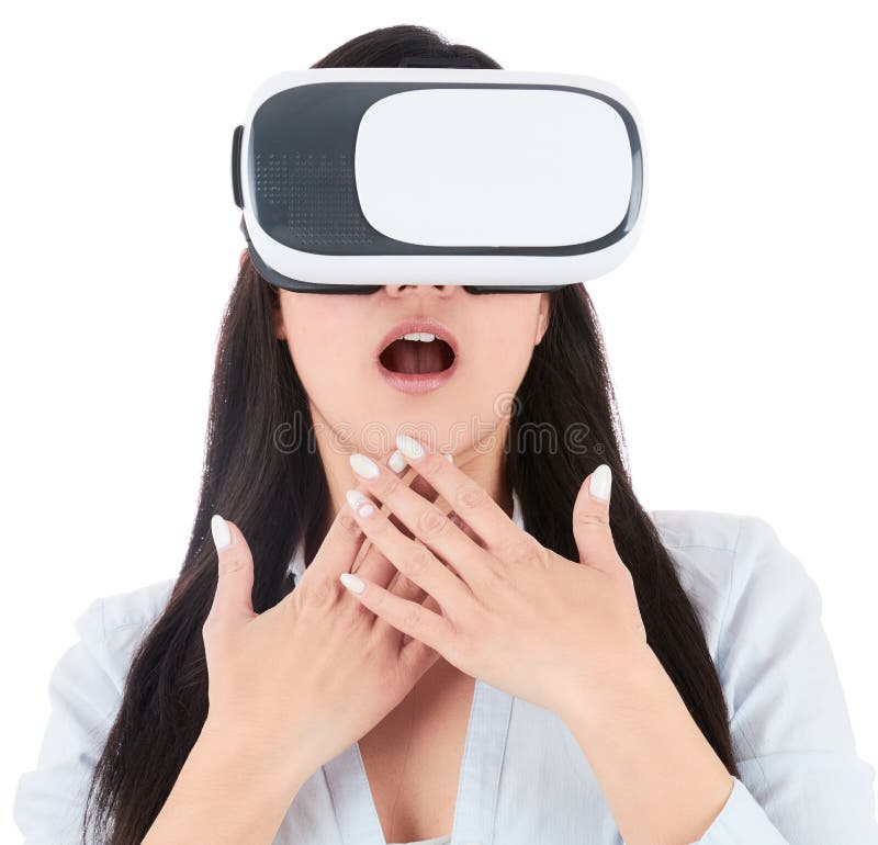 少妇使用在白色背景的VR耳机 图库摄影