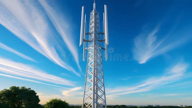 展示现代电信技术的蓝天背景的5G网络塔 向量例证