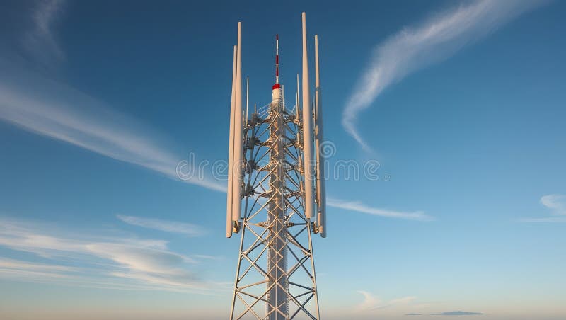 展示现代电信技术的蓝天背景的5G网络塔 向量例证