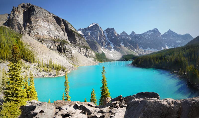 Scenic mountains landscape and Moraine lake. Canadian Rockies. Banff National Park. Canada. Scenic mountains landscape and Moraine lake. Canadian Rockies. Banff National Park. Canada