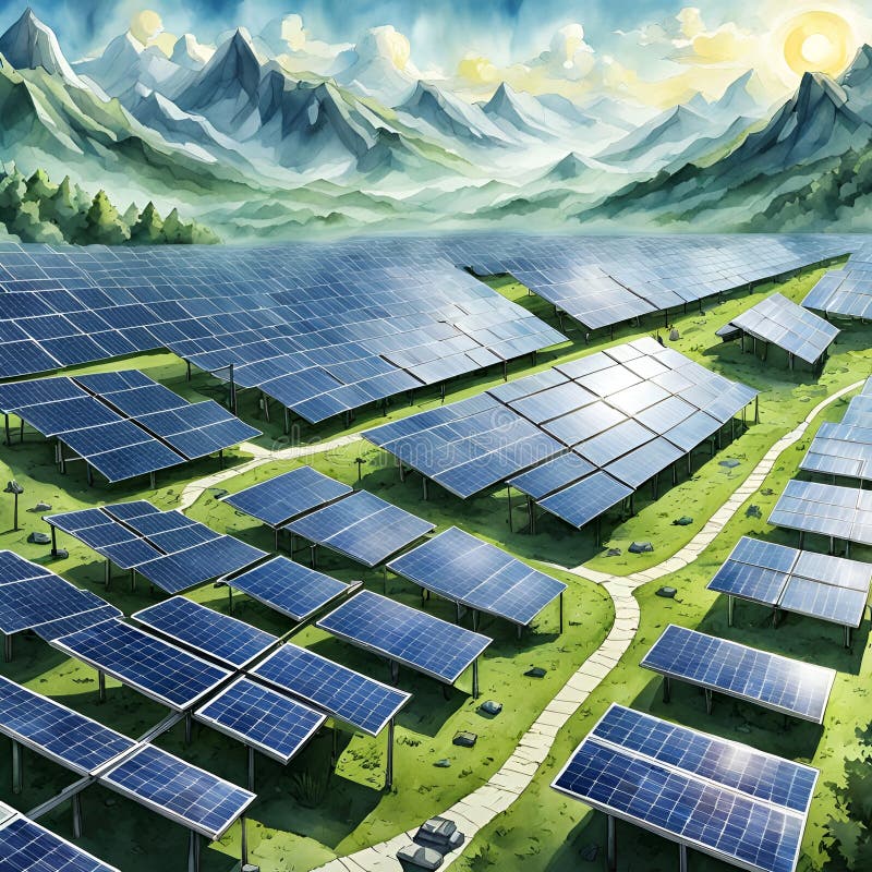 山谷太阳能板水彩景观 向量例证