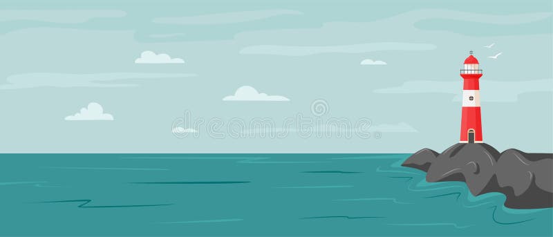 岩石上拥有灯塔的宁静海滨景观. 矢量海岸线景观信标. 滨海法罗. 希望符号 库存例证