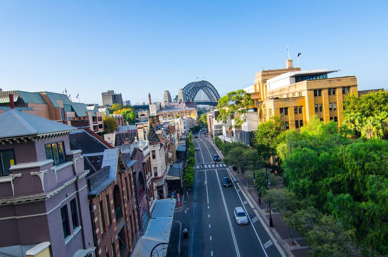 SYDNEY, AUSTRALIA. – On March 01, 2018. - Wide angle cityscape view of The Rocks on Geogos street that can be see Harbour bridge. SYDNEY, AUSTRALIA. – On March 01, 2018. - Wide angle cityscape view of The Rocks on Geogos street that can be see Harbour bridge.