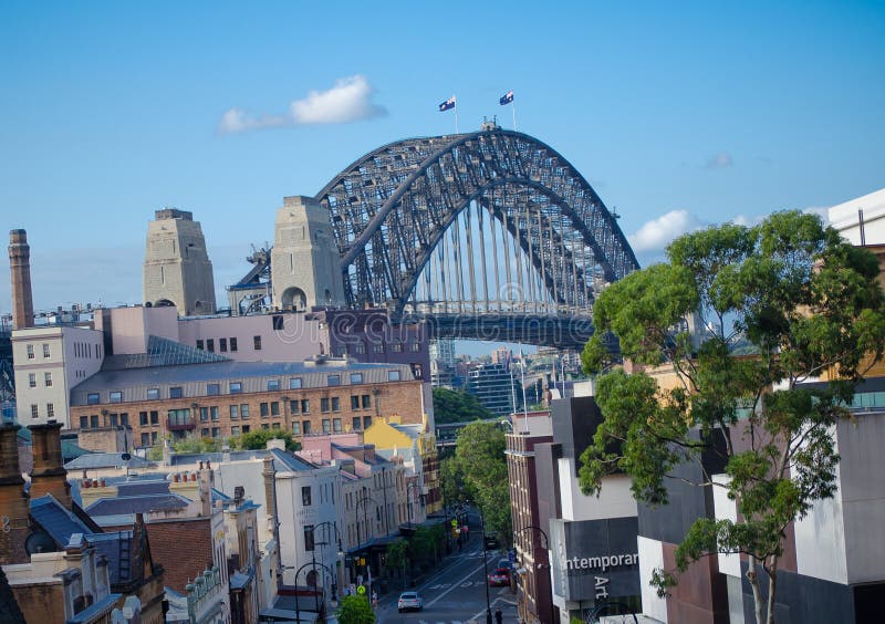 SYDNEY, AUSTRALIA. – On March 01, 2018. - Cityscape view of The Rocks on George street that can be see Harbour bridge. SYDNEY, AUSTRALIA. – On March 01, 2018. - Cityscape view of The Rocks on George street that can be see Harbour bridge.