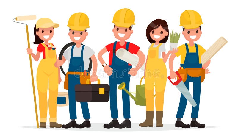 Team of workers are building a house. Foreman, painter, electrician, landscaper, carpenter. Vector illustration in a flat style. Team of workers are building a house. Foreman, painter, electrician, landscaper, carpenter. Vector illustration in a flat style