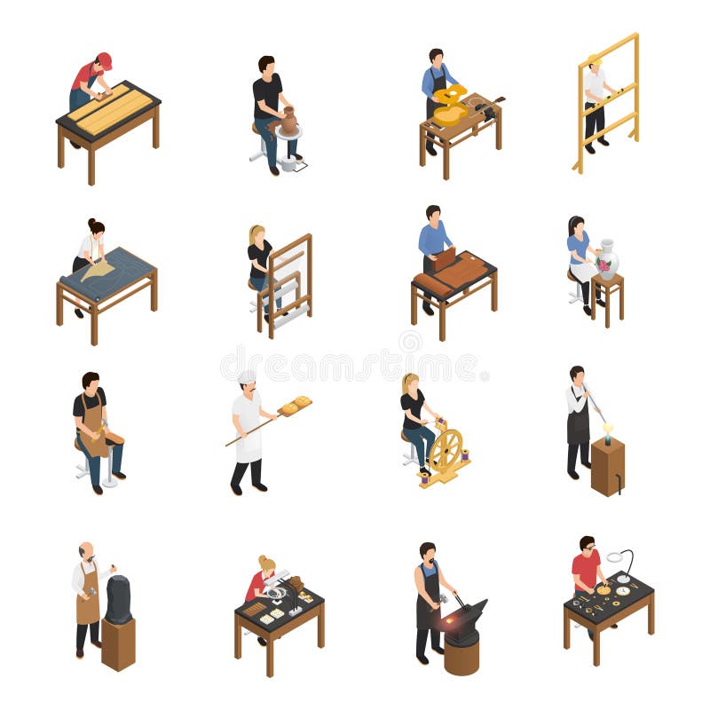 Artisan isometric set with baker glassblower carpenter tailor weaver potter shoemaker carpenter blacksmith sculptor ceramic artist figurines isolated vector illustration. Artisan isometric set with baker glassblower carpenter tailor weaver potter shoemaker carpenter blacksmith sculptor ceramic artist figurines isolated vector illustration