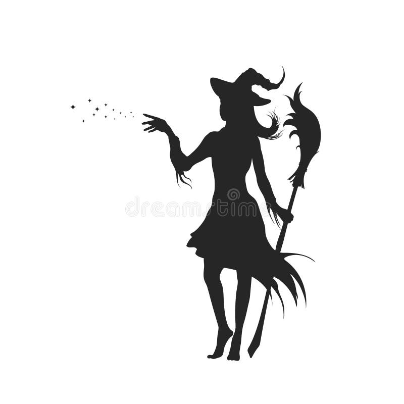 巫婆黑剪影有帽子的 o 召唤的巫师的被隔绝的图象 与笤帚的年轻mage 库存例证