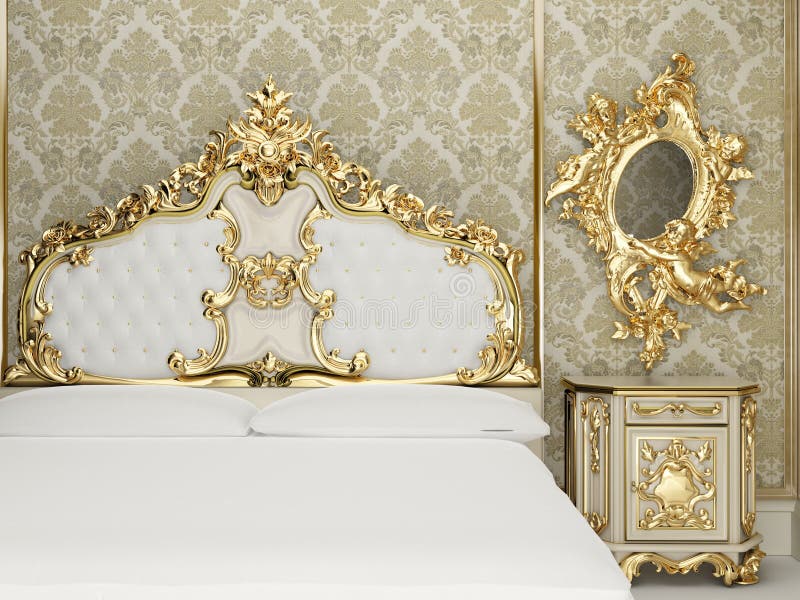 Baroque bedroom suite in royal interior. Old styled interior. Golden goods. Luxurious apartment. Baroque bedroom suite in royal interior. Old styled interior. Golden goods. Luxurious apartment