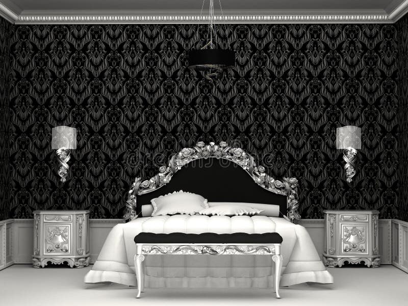 Baroque furniture in royal bedroom. Bed and bedside table in apartment with ornament wallpaper. Baroque furniture in royal bedroom. Bed and bedside table in apartment with ornament wallpaper