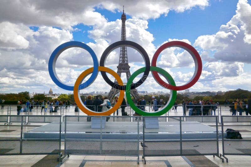 Paris, France - September 15 2017: Olympic rings installed on the esplanade of Trocadero to commemorate the Olympic Games which will take place in Paris in 2024. Paris, France - September 15 2017: Olympic rings installed on the esplanade of Trocadero to commemorate the Olympic Games which will take place in Paris in 2024