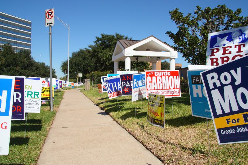 Campaign signs at early voting location in Houston Texas (Tracy Gee Community Center). Early voting in Houston lasts until October 30th, 2009 The election is scheduled for Nov 3rd. The voters can cast their vote about: Houston's mayor, City Council and controller, 11 proposed state constitutional amendments, Bellaire municipal offices, community college and public school boards. Campaign signs at early voting location in Houston Texas (Tracy Gee Community Center). Early voting in Houston lasts until October 30th, 2009 The election is scheduled for Nov 3rd. The voters can cast their vote about: Houston's mayor, City Council and controller, 11 proposed state constitutional amendments, Bellaire municipal offices, community college and public school boards.