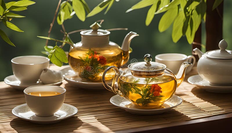 布置和谐的茶具布置装饰着一张乡村木桌，坐落在郁郁葱葱的绿地中 向量例证