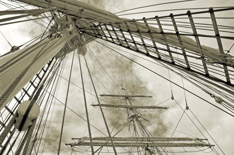 Masts of a sailing vessel with curtailed sails. Masts of a sailing vessel with curtailed sails.