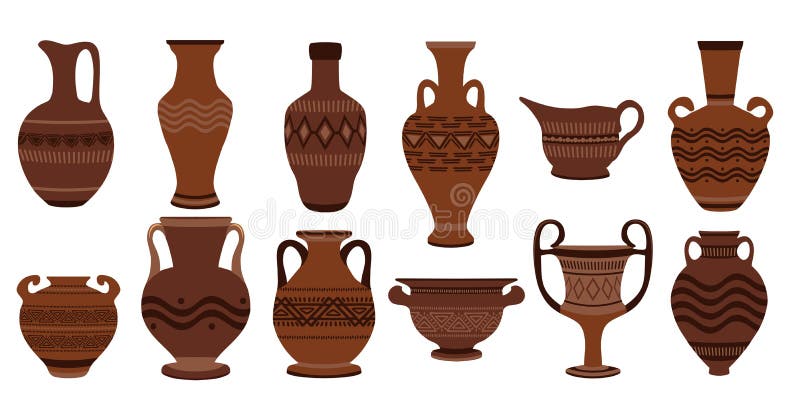 希腊陶壶陶土罗马传统花瓶插图古花瓶装古瓮、安芙兰、罐和壶向量例证