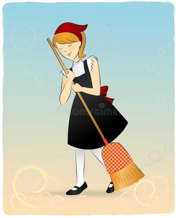 A female maid cleaning the floor with a broomstick. happy mood!. A female maid cleaning the floor with a broomstick. happy mood!