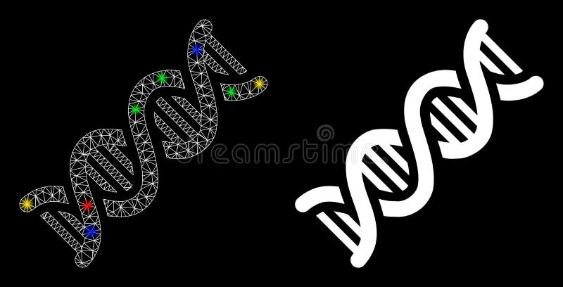 Glossy mesh DNA spiral icon with glitter effect. Abstract illuminated model of DNA spiral. Shiny wire carcass polygonal mesh DNA spiral icon. Vector abstraction on a black background. Glossy mesh DNA spiral icon with glitter effect. Abstract illuminated model of DNA spiral. Shiny wire carcass polygonal mesh DNA spiral icon. Vector abstraction on a black background.