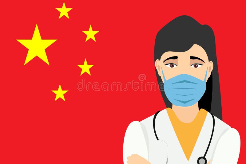 带口罩、旗子的中国实验室助理 免版税库存照片