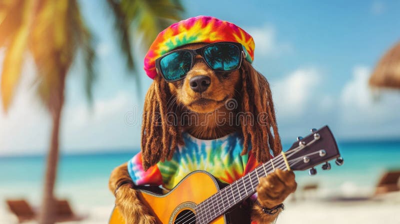 带太阳镜和吉他的狗享受雷鬼风格的热带海滩日 免版税库存照片