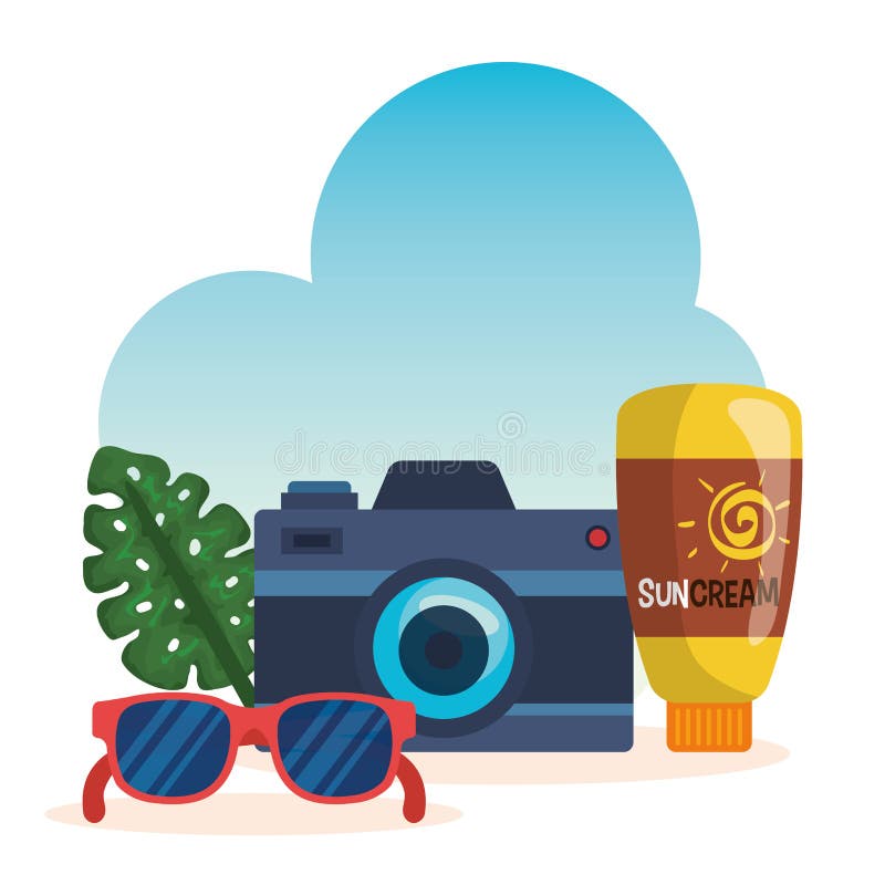 camera with sunglasses and suncream with exotic leaf to summer time vector illustration. camera with sunglasses and suncream with exotic leaf to summer time vector illustration