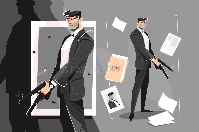 Male spy with handgun vector illustration. Evil killer in business suit holding silenced pistol flat style concept. Photo and documents with dossier lying around. Male spy with handgun vector illustration. Evil killer in business suit holding silenced pistol flat style concept. Photo and documents with dossier lying around