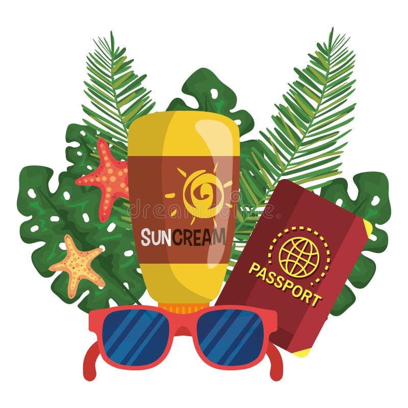 suncream with passport and sunglasses with starfishes and leaves plants to summer time vector illustration. suncream with passport and sunglasses with starfishes and leaves plants to summer time vector illustration