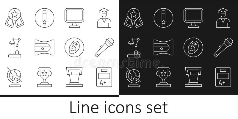 Set line Exam sheet with A plus grade Microphone Computer monitor Pencil sharpener Table lamp Medal star Ear listen sound signal and icon. Vector. Set line Exam sheet with A plus grade Microphone Computer monitor Pencil sharpener Table lamp Medal star Ear listen sound signal and icon. Vector.