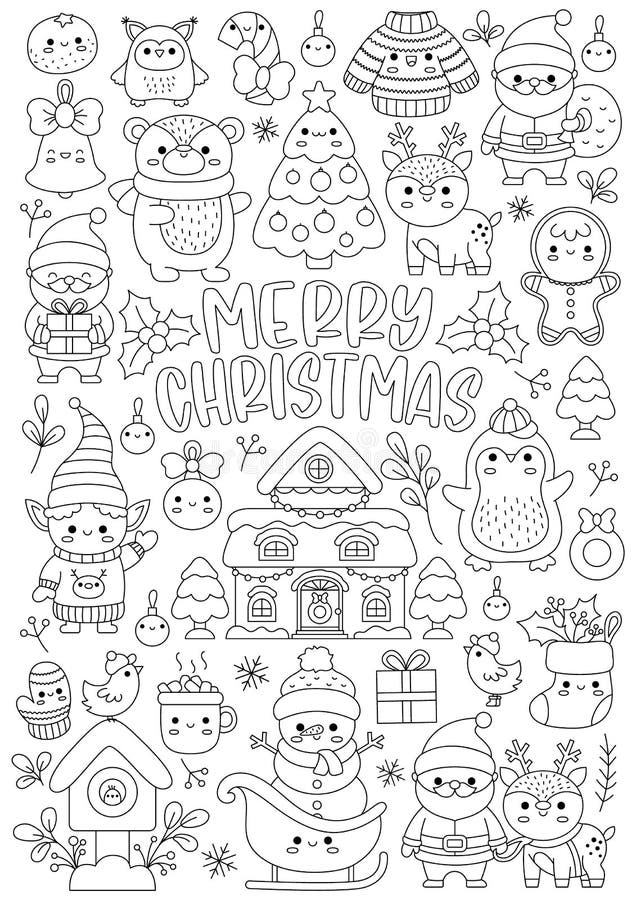 带有可爱kawai字符的儿童的矢量圣诞竖线着色页. 黑白冬假插图 皇族释放例证