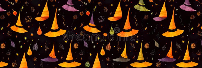pattern featuring whimsical witch hats and flying broomsticks. Generative AI AI generated. pattern featuring whimsical witch hats and flying broomsticks. Generative AI AI generated