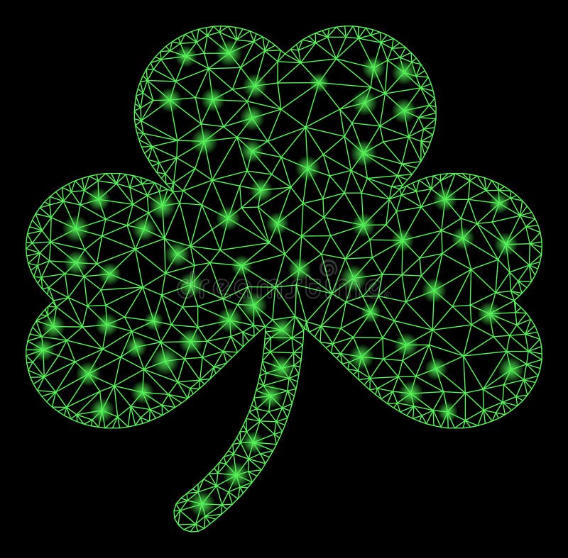Glossy mesh clover leaf with glitter effect. Abstract illuminated model of clover leaf icon. Shiny wire carcass polygonal mesh clover leaf. Vector abstraction on a black background. Glossy mesh clover leaf with glitter effect. Abstract illuminated model of clover leaf icon. Shiny wire carcass polygonal mesh clover leaf. Vector abstraction on a black background.