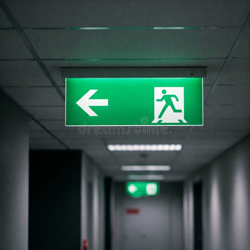 带有运行人符号和箭头的照明绿色紧急出口标志 向量例证
