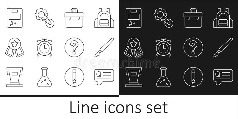 Set line Speech bubbles with Question Paint brush Briefcase Alarm clock Medal star Exam sheet plus grade and Timing belt kit icon. Vector. Set line Speech bubbles with Question Paint brush Briefcase Alarm clock Medal star Exam sheet plus grade and Timing belt kit icon. Vector.