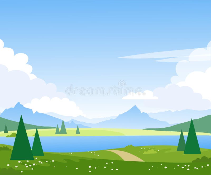 带湖泊的美丽夏季山景 带河的春田草地 设计图 皇族释放例证 带湖泊的美丽夏季山景 带河的春田草地 设计图 皇族释放例证