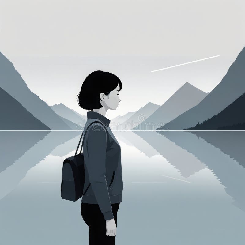 带着大袋子在山里散步的女子 免版税库存图片