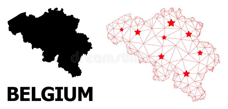 Wire frame polygonal and solid map of Belgium. Vector structure is created from map of Belgium with red stars. Abstract lines and stars form map of Belgium. Wire frame polygonal and solid map of Belgium. Vector structure is created from map of Belgium with red stars. Abstract lines and stars form map of Belgium.