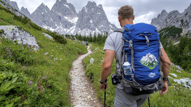 带蓝背包的登山步道 库存例证