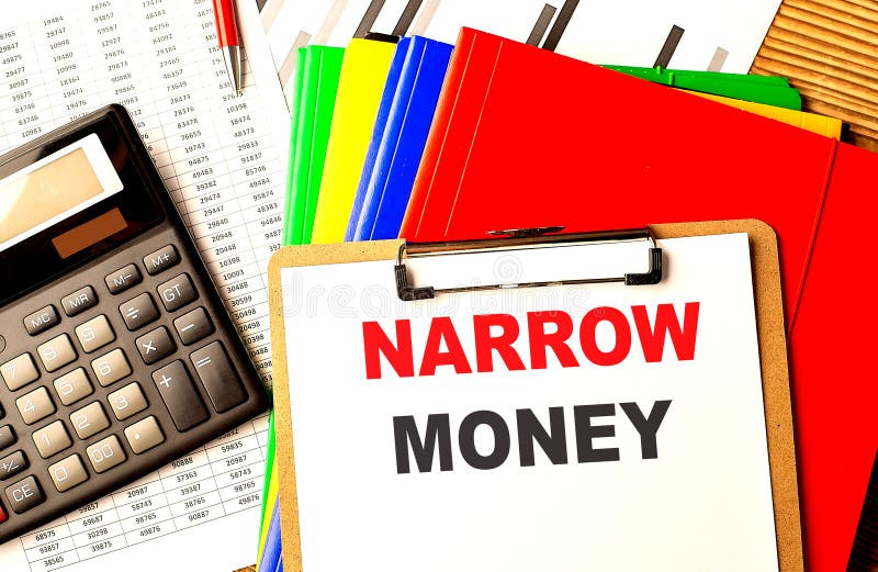 NARROW MONEY text on a clipboard with calculator and color folder . NARROW MONEY text on a clipboard with calculator and color folder .