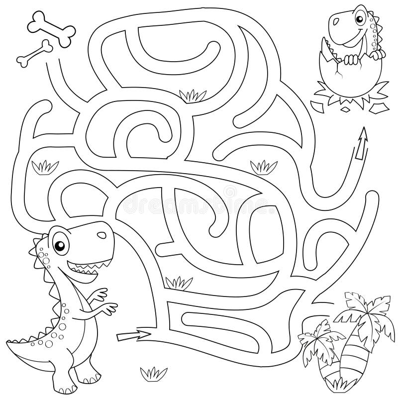 Help dinosaur find path to nest. Labyrinth. Maze game for kids. Black and white vector illustration for coloring book. Vector illustration. Help dinosaur find path to nest. Labyrinth. Maze game for kids. Black and white vector illustration for coloring book. Vector illustration