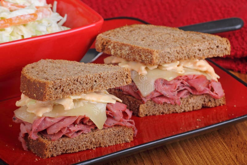 Pastrami and cheese on rye bread sandwich. Pastrami and cheese on rye bread sandwich