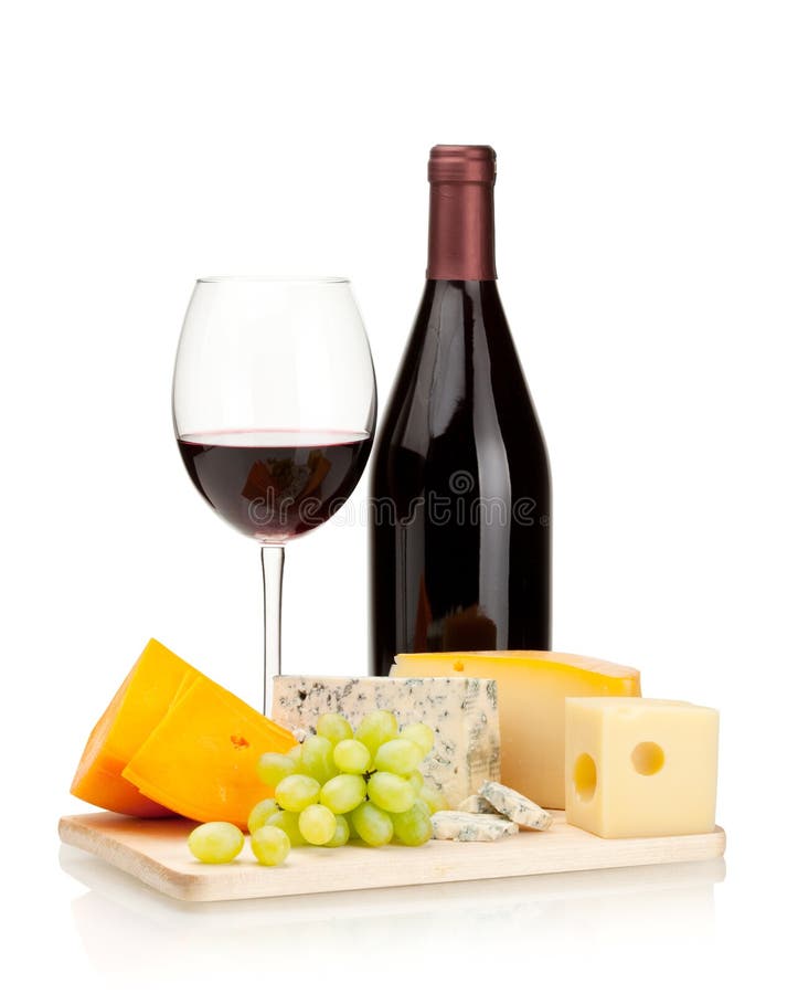 Red wine, cheese and grapes. Isolated on white. Red wine, cheese and grapes. Isolated on white