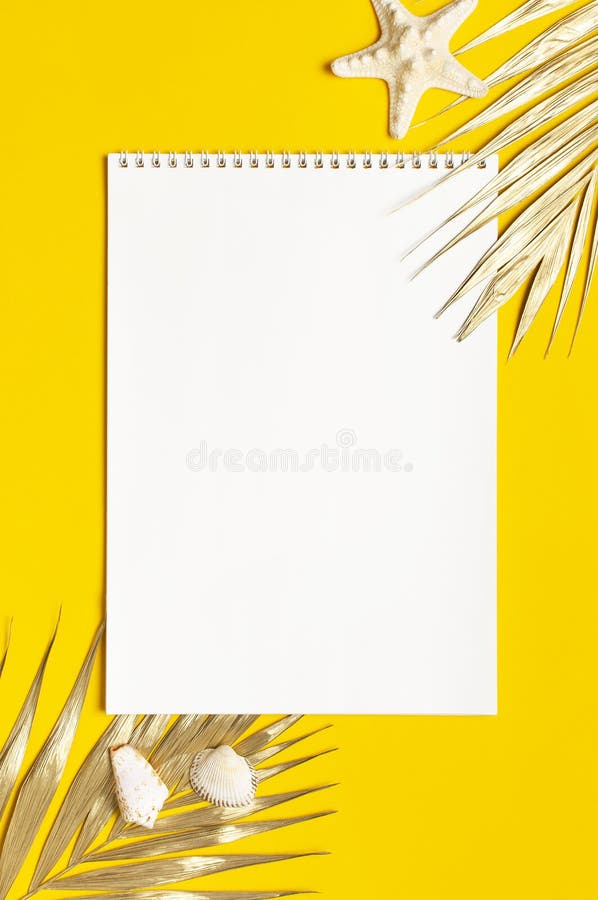 平躺夏日背景 打开笔记本,在螺旋状、金色的热带叶子上贴上洁白的白页,在黄色上贴上贝壳海星 免版税库存照片 平躺夏日背景 打开笔记本,在螺旋状、金色的热带叶子上贴上洁白的白页,在黄色上贴上贝壳海星 免版税库存照片