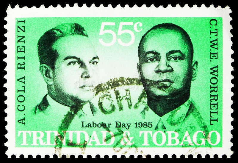 1985年前后，特立尼达和多巴哥印刷的邮票显示劳动日 — Cola Rienzi和Worrell,Serie,Worrell 库存图片