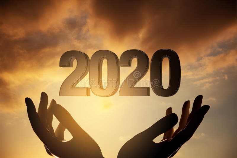 2020年新年,剪影手迎日落 库存图片 2020年新年,剪影手迎日落 库存图片