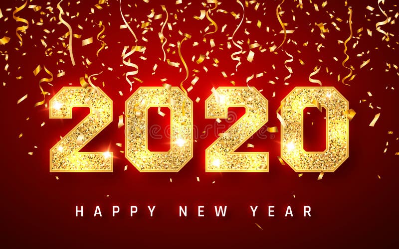 2020年新年快乐,金色闪闪发光的贺卡号码设计,掉落的亮亮纸屑,Vector插图 库存例证 2020年新年快乐,金色闪闪发光的贺卡号码设计,掉落的亮亮纸屑,Vector插图 库存例证