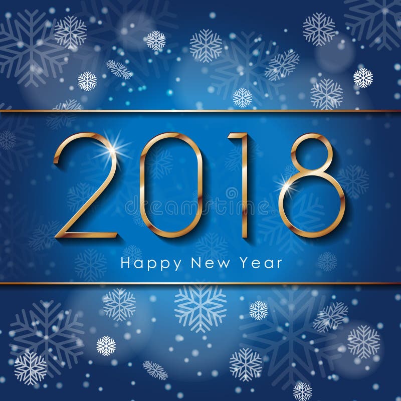 2018年新年快乐与雪花的文本设计 导航与金黄数字的问候例证在蓝色背景 向量例证 2018年新年快乐与雪花的文本设计 导航与金黄数字的问候例证在蓝色背景 向量例证