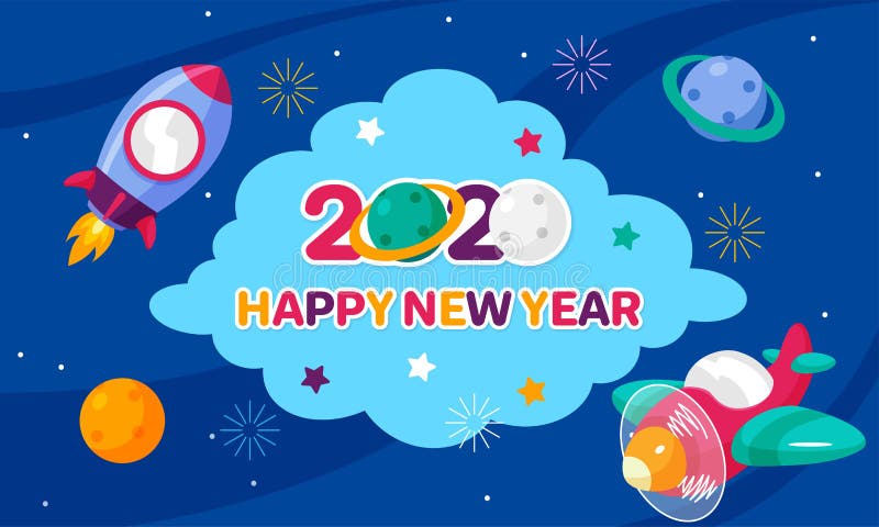 2020年新年快乐庆祝海报用卡通空间为孩子们的概念提供火箭、飞机、行星和烟花矢量图 库存例证 2020年新年快乐庆祝海报用卡通空间为孩子们的概念提供火箭、飞机、行星和烟花矢量图 库存例证